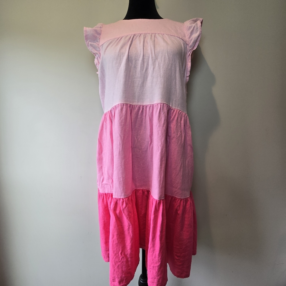 J. Crew Dress 4 Linen Blend Pink Tiered Loose Fit Dopamine Girly Fun Bright